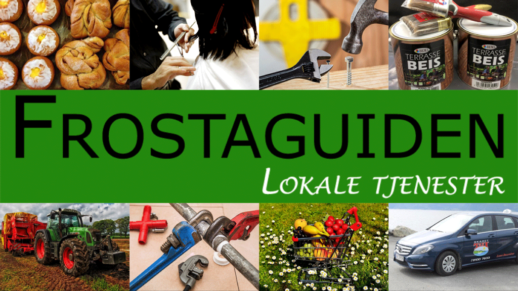 Collage of local services in Frosta, featuring baked goods, a hairstylist, tools, and agricultural equipment, with 'Frostaguiden Lokale Tjenester' prominently displayed.