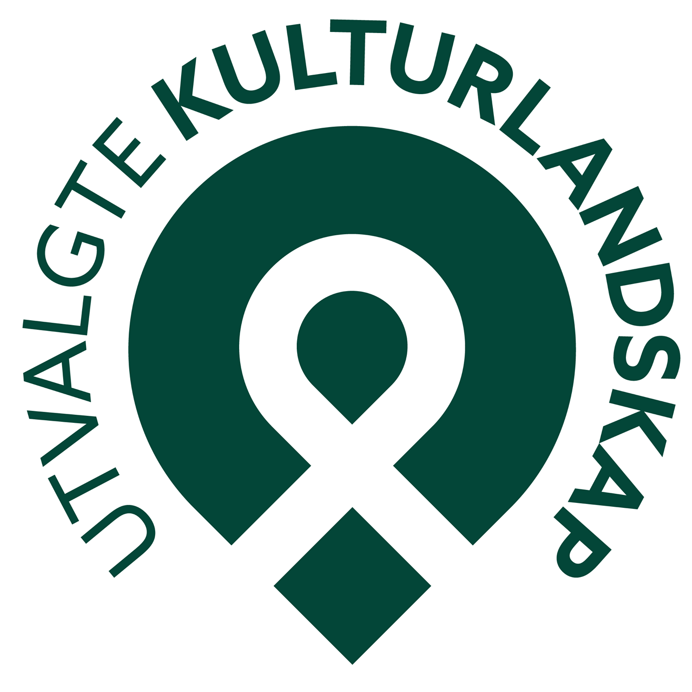 Logo for Utvalgte kulturlandskap med en stilisert plasseringstegn og teksten 'Utvalgte kulturlandskap' rundt.
