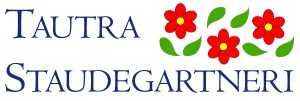 Logo for Tautra Staudegartneri med røde blomster og grønn dekorasjon.