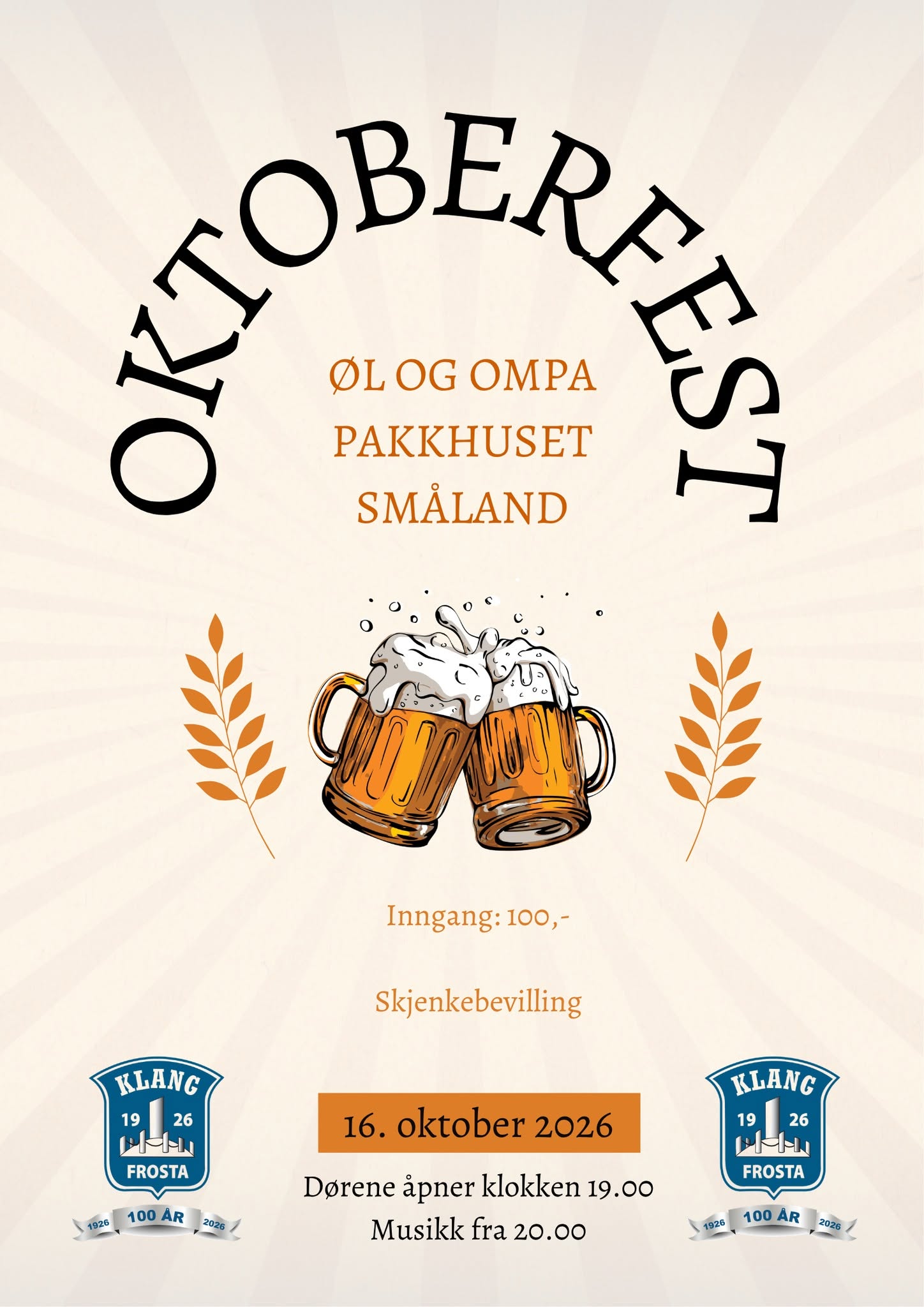 Plakat for Oktoberfest med bilde av to ølkrus, dato og informasjon om arrangementet.