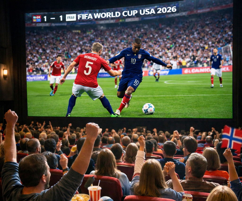 En folkemengde ser på en FIFA World Cup-fotballkamp på storskjerm i en kino, med spillere fra forskjellige lag i aksjon.