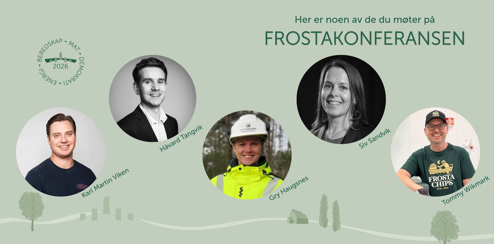 Grafisk design av deltagere på Frostakonferansen 2026 med bilder av Karl Martin Viken, Håvard Tangvik, Gry Haugnes, Siv Sandvik og Tommy Wikmark.